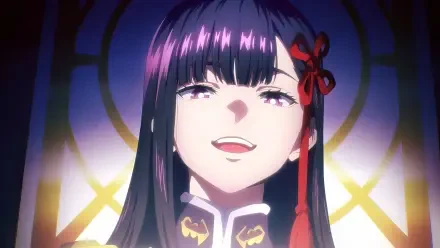 HD PC wallpaper of Ren Yamashiro from Chained Soldier: anime girl with long dark hair, red ribbon, ornate collar, smiling triumphantly against a glowing circular stained-glass backdrop.