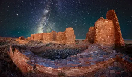 5K Ultra HD PC desktop astrophotography wallpaper of a ruined stone castle beneath a vivid Milky Way and star-filled night sky.