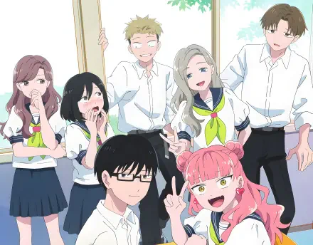 Anime group portrait from You and I are Polar Opposites — seven classmates in school uniforms posing playfully; vibrant 4K Ultra HD PC desktop wallpaper and background.