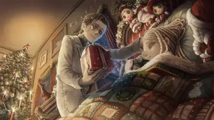 Identity V video game 4K Ultra HD PC desktop wallpaper: eerie Victorian parlor where a pale man offers a gift to a sleeping doll-like child among a row of dolls.