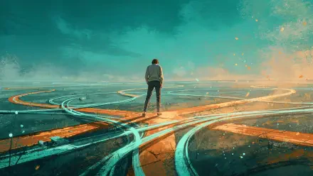 4K Ultra HD PC desktop wallpaper and background — lone figure stands on glowing, intersecting neon pathways beneath a teal sky, cinematic light and sweeping perspective.