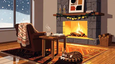 4K Ultra HD PC desktop wallpaper: cozy fireplace scene with armchair, steaming mug, open book, rug and cat by the hearth under a snowy window.