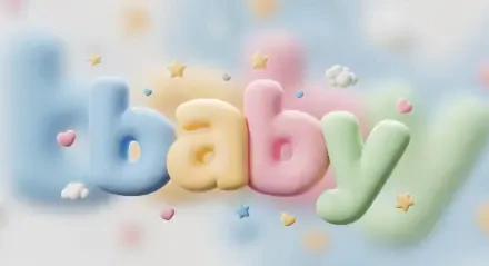 Pastel 3D baby letters with fluffy clouds, stars and hearts in soft focus — whimsical 4K Ultra HD PC desktop wallpaper and background.