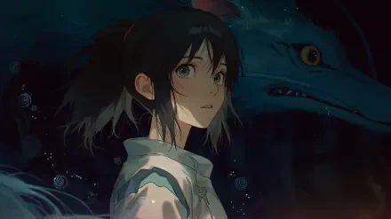 Studio Ghibli–inspired AI art anime wallpaper: Chihiro (Spirited Away) looks wide-eyed as a shadowy spirit and blue dragon loom — 2K Quad HD PC desktop background.