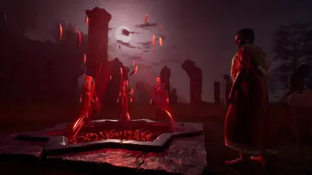 HD PC desktop wallpaper/background from the video game Vampires: Bloodlord Rising — moonlit cemetery with red-glowing vampires rising from a pit as a cloaked figure watches beneath circling bats.