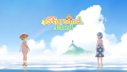HD PC wallpaper for the video game Starsand Island: two characters stand in shallow reflective water under a rainbow, a misty island with lighthouse in the distance and the game logo.