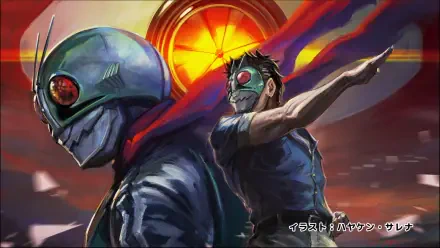 Anime 2K Quad HD PC wallpaper of Tanzaburo Tojima from Tojima Wants to Be a Kamen Rider, masked in Kamen Rider gear with a red cape and a glowing wheel motif behind him.