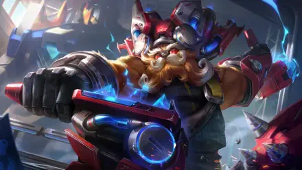 Ornn (League of Legends) in battered armor swings a glowing forge hammer amid sparks and machinery — 8K Ultra HD PC desktop wallpaper/background.