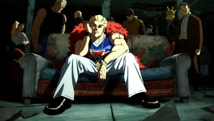 4K Ultra HD desktop wallpaper: Kinji Hakari from Jujutsu Kaisen 3rd Season, seated on a worn sofa in a dim room, red-feathered jacket, confident glare, shadowy figures behind him.