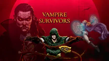 HD PC desktop wallpaper for the rogue-like Vampire Survivors: hooded hero wielding a whip, looming vampire face and spectral foes set against a blood-red moon background.
