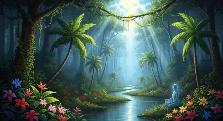 Tropics 4K Ultra HD PC desktop wallpaper and background: sunlit jungle river framed by palms, lush flowers and vines, rays of light and a serene stone meditating figure beside the water.