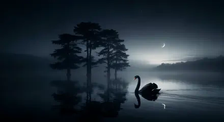 Dark nature 4K Ultra HD PC desktop wallpaper and background: a lone black swan glides across a misty moonlit lake, silhouetted trees and crescent moon reflected in the glassy water.