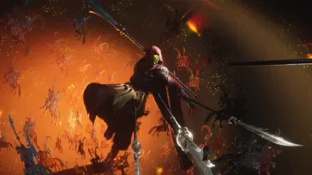 HD PC desktop wallpaper from the video game Where Winds Meet: a fantasy warrior mid-leap, spear extended against a swirling, fiery orange battlefield of falling foes.