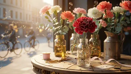 Sunlit carnations in glass bottles on a round table with warm bokeh and a blurred street cyclist in the background — 4K Ultra HD PC Desktop Wallpaper and Background.