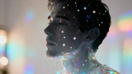 Dreamy profile of a person with closed eyes, skin overlaid with sparkling stars and prismatic light — 4K Ultra HD PC desktop wallpaper and background.