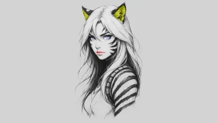 HD PC desktop wallpaper art print of a fox girl: white-haired woman with fox ears, blue eyes, facial whisker markings and striped shoulder, monochrome sketch style on a pale background.