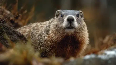 Close-up of a groundhog in a forest clearing, textured fur and alert expression — 2K Quad HD PC desktop wallpaper/background.