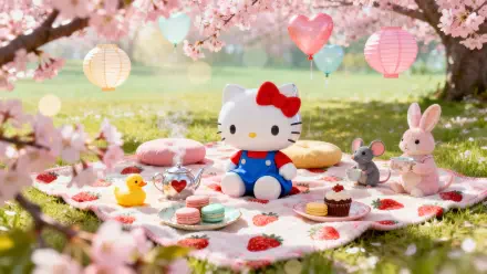 Hello Kitty picnic scene — a 4K Ultra HD PC desktop wallpaper and background: plush Hello Kitty and friends on a cherry blossom blanket with sweets, lanterns and heart balloons.