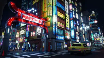 Neon-lit Japanese street at night with glowing signs and a taxi — HD PC desktop wallpaper/background from the video game Yakuza Kiwami 3 & Dark Ties.
