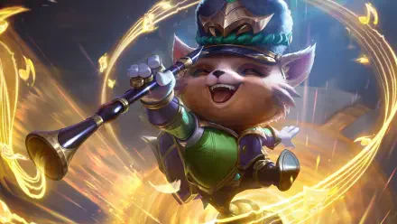 4K Ultra HD PC desktop wallpaper background: Teemo (League of Legends: Wild Rift) — cheerful MOBA yordle in green blowing a horn amid swirling golden music notes.