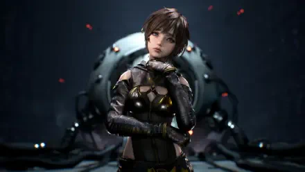 Lily Artemis II (Stellar Blade) in a sleek black combat suit, posed before a looming mech — PlayStation 5 4K Ultra HD PC desktop wallpaper/background.