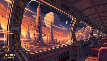 View from a spaceship lounge window at an alien sunset with a ringed gas giant and towering spires, two passengers watching — 4K Ultra HD PC Desktop Wallpaper and Background.