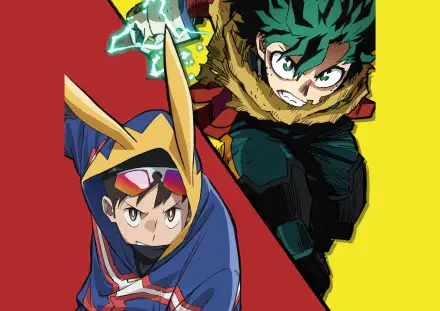 4K Ultra HD PC desktop wallpaper: Izuku Midoriya and Kouichi Haimawari from My Hero Academia and My Hero Academia: Vigilantes in dynamic action poses against a split red and yellow background.