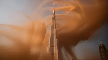 Dubai 4K Ultra HD PC desktop wallpaper and background: Burj Khalifa rising through a dramatic, swirling sandstorm under a golden sky.