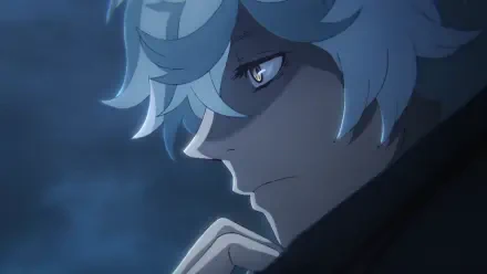 Anime HD PC desktop wallpaper/background of Gabimaru from Hell's Paradise — close-up profile in moody blue night light, pale hair, sharp eye, hand near chin.