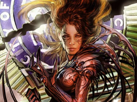 A striking HD desktop wallpaper featuring a gothic witch from the comic Witchblade, showcasing intricate armor and a fierce expression against a mystical backdrop.