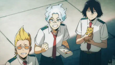 Anime HD PC wallpaper — My Hero Academia: Vigilantes / My Hero Academia: three students in school uniforms: blond with sunglasses, excited white-haired boy holding a bento, dark-haired student cradling an orange kitten.
