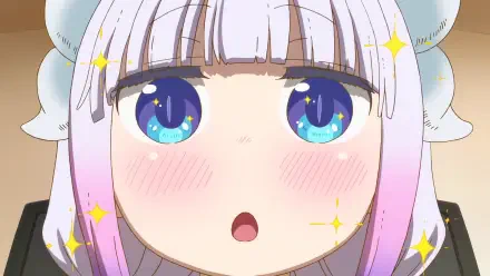 Close-up of Kanna Kamui from Miss Kobayashi’s Dragon Maid: A Lonely Dragon Wants to Be Loved — sparkling blue eyes, blushing cheeks and a surprised pout. HD PC desktop wallpaper.