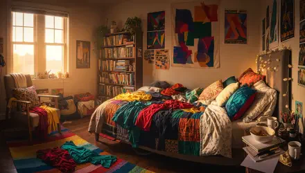 Sunlit cozy bedroom with colorful quilts, cushions, wall art and bookshelf — 4K Ultra HD PC desktop wallpaper and background with warm, lived-in atmosphere.