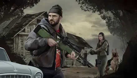 HD PC desktop wallpaper for the survival video game HumanitZ: armed male survivor with sniper rifle, female companion and dog stand before a ruined cabin under a stormy sky.