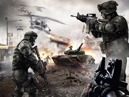 Homefront video game HD PC desktop wallpaper showing an urban battlefield: soldiers firing, a tank advancing, an attack helicopter overhead and fiery explosions amid rubble.