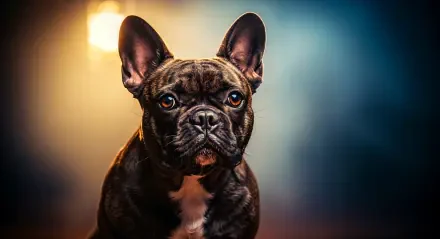 Brindle French bulldog close-up with dramatic bokeh lighting and rich colors — 4K Ultra HD PC desktop wallpaper.