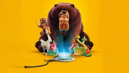 5K Ultra HD PC desktop wallpaper and background for the animated movie Hoppers: colorful characters — big bear, small critters and a glowing gadget — on a bright yellow backdrop.