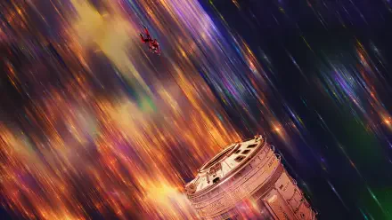 Project Hail Mary movie 8K Ultra HD PC desktop wallpaper: a cylindrical spacecraft module tumbling through vivid, streaking cosmic clouds and distant starfields.