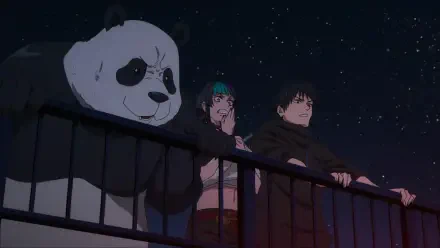 HD desktop wallpaper of Jujutsu Kaisen 3rd Season: Panda, Kirara Hoshi, and Megumi Fushiguro leaning on a railing, gazing at a starry night sky.