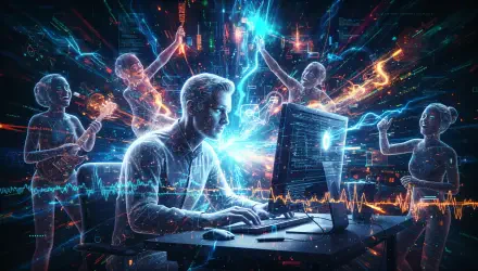 4K Ultra HD PC Desktop Wallpaper and Background: a focused user at a glowing monitor surrounded by translucent musicians and neon data streams, a vibrant cybernetic concert of light.