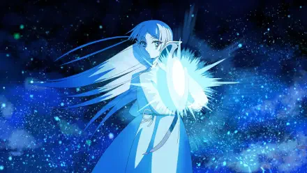 4K anime PC wallpaper of Frieren (Frieren: Beyond Journey's End) casting a radiant blue spell, her hair and cloak flowing against a glittering starry cosmic background