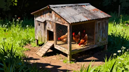 4K Ultra HD PC desktop wallpaper and background: rustic wooden chicken coop on a sunlit grassy yard with red hens pecking inside.