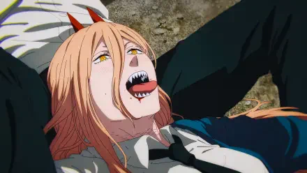 Chainsaw Man — Power lying back, tongue out and jagged teeth in a funny anime expression; 4K Ultra HD PC desktop wallpaper/background.