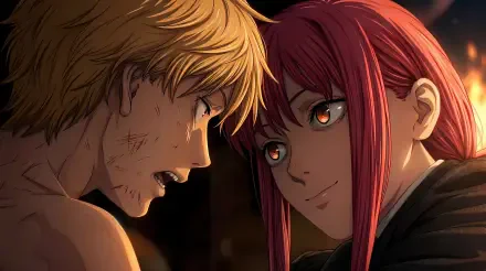 Chainsaw Man 5K Ultra HD PC desktop wallpaper: anime close-up of Denji, bruised and tense, and Makima with red hair smiling as warm, dramatic light frames their faces.