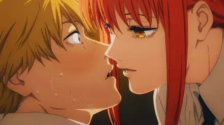 Chainsaw Man 5K Ultra HD PC wallpaper: Makima and Denji in a tense, intimate close-up—Makima leaning in, Denji sweating, an almost-kiss anime couple scene.