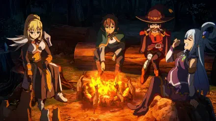 5K Ultra HD anime wallpaper: Megumin, Aqua, Kazuma Satou and Darkness (KonoSuba) seated around a glowing campfire at night.