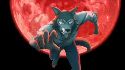Beastars: intense grey wolf (Legoshi) lunging toward the viewer beneath a blood-red full moon — dramatic 4K Ultra HD PC desktop wallpaper and background.