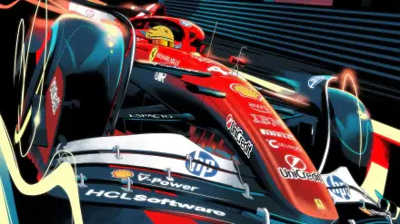 HD PC desktop wallpaper and background: close-up of a red Ferrari F1 race car charging forward with dynamic light streaks, stylized motion blur and bold racing livery.