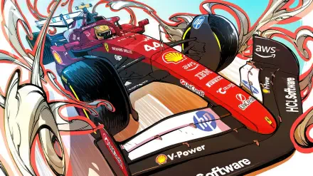 HD desktop wallpaper: stylized Scuderia Ferrari F1 car in red livery with a helmeted driver (identity not shown), dynamic motion lines and sponsor decals.