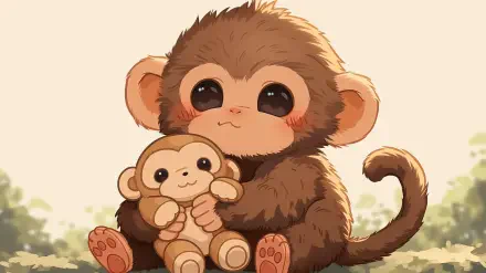 Cute cartoon monkey cuddling a plush toy monkey; warm animal illustration rendered as a 2K Quad HD PC desktop wallpaper/background.